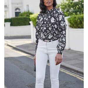 Pure Collection Top Womens 16 Black White Turtle Neck Drop Ruffle Shoulder